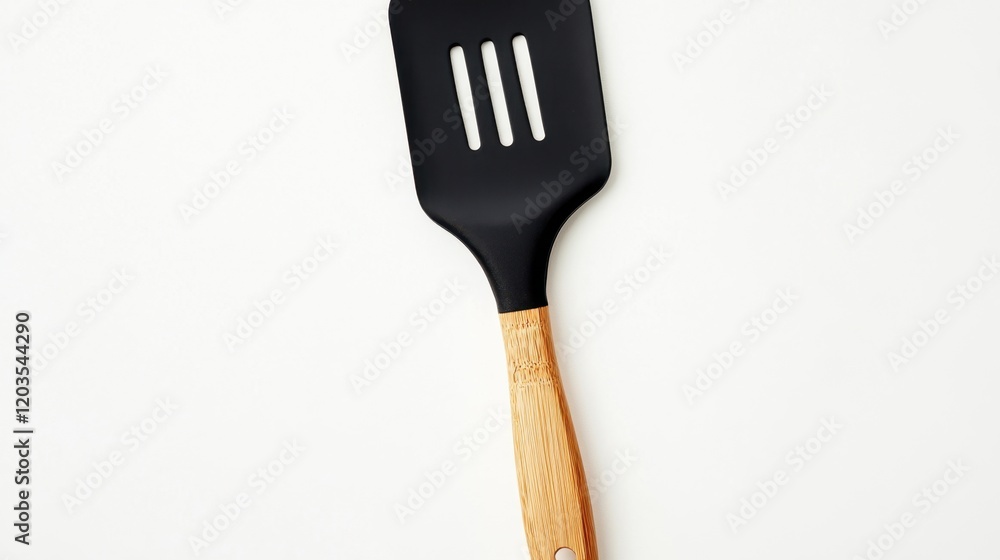 Black slotted spatula on white background Black slotted spatula on white background