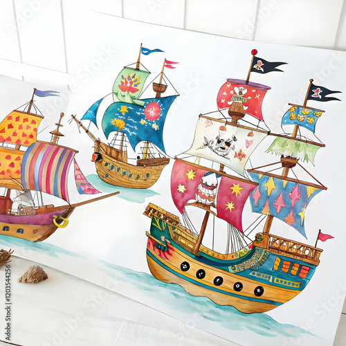 Vibrant Watercolor Pirate Ships: A Colorful Collection for Design Projects art sea web kid fun logo  photo