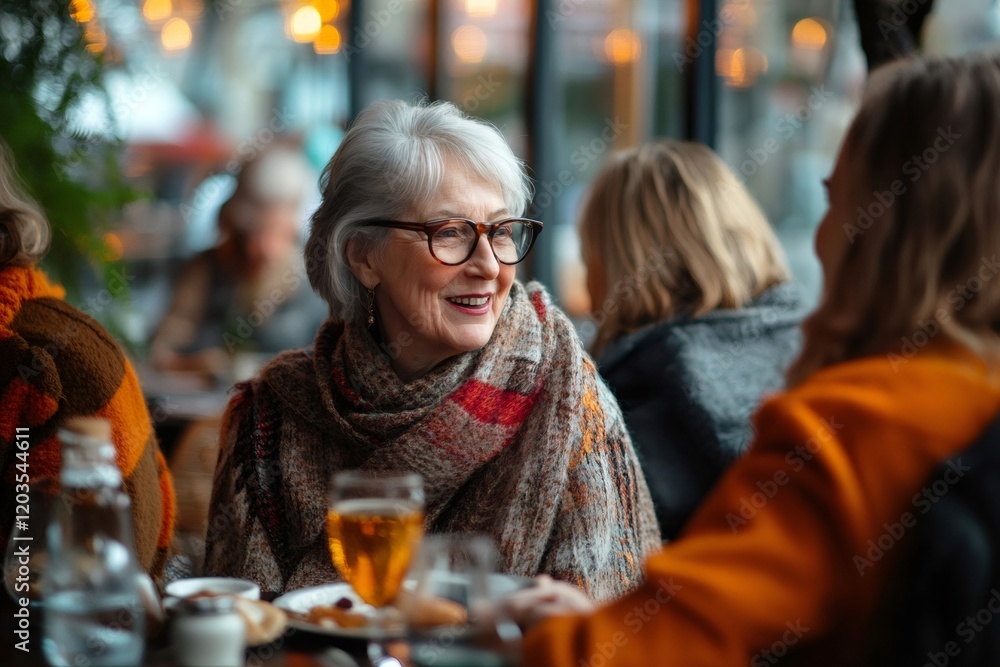 Senior woman enjoying conversation with friends at a restaurant Senior woman enjoying conversation with friends at a restaurant