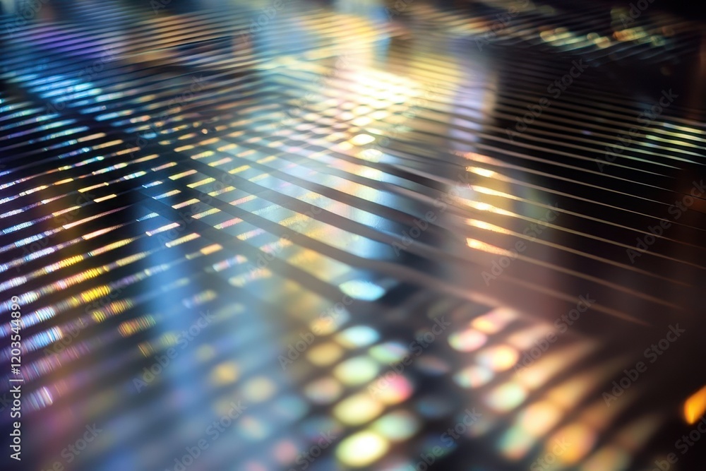 Obraz premium Vibrant reflections dance on a surface illuminated by colorful lights in a lively urban setting at dusk. Generative AI