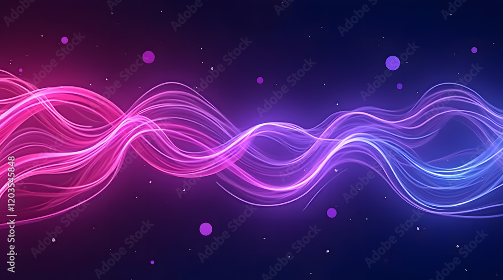 Obraz premium Shows a vibrant abstract backdrop with flowing neon waves of pink, purple, and blue, contrasted against a dark background. The swirling lines convey a feeling of motion and energy.