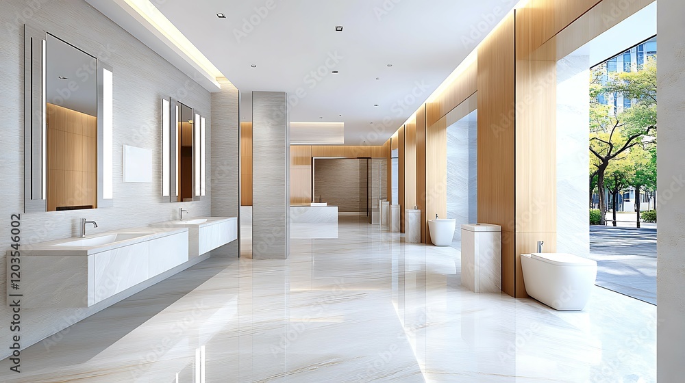 Fototapeta premium Modern Luxury Bathroom Interior Design Marble Floor Wood Accents
