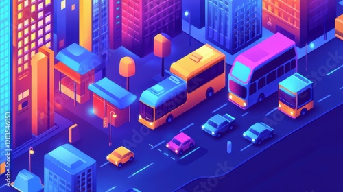 Vibrant cityscape at night showcasing colorful traffic with buses and cars amidst towering buildings