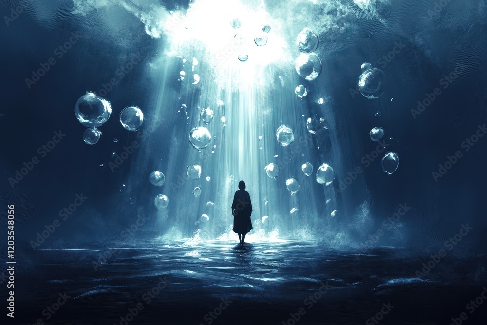 Diver Surrounded by Sunlight and Bubbles Underwater Diver Surrounded by Sunlight and Bubbles Underwater
