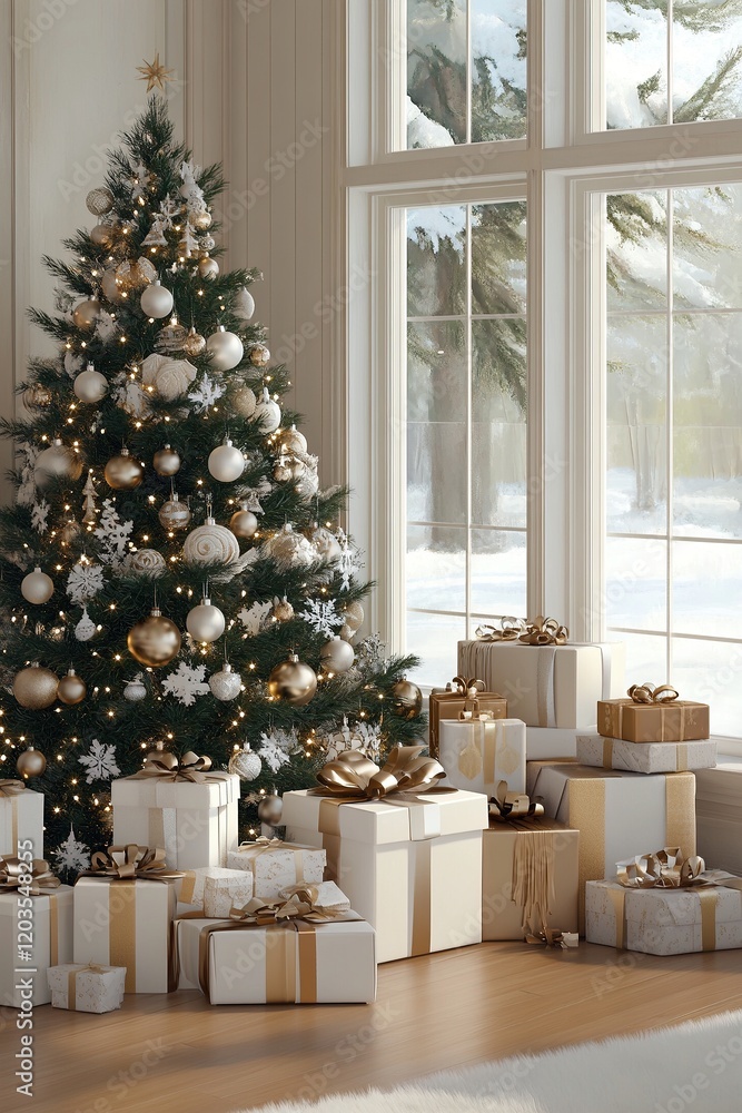Decorated Christmas tree with presents in a cozy living room during the holiday season Decorated Christmas tree with presents in a cozy living room during the holiday season