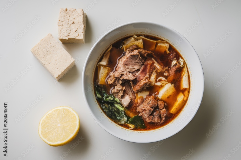 Savory Beef Stew with Tofu and Lemon Garnish Savory Beef Stew with Tofu and Lemon Garnish