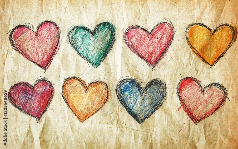 Fototapeta premium Hearts drawn in a sketch style on textured paper