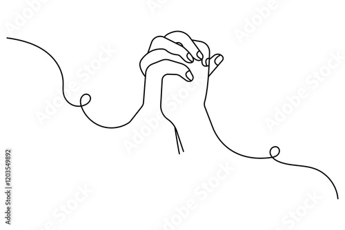 Praying hand continuous one line drawing with outline vector illustration