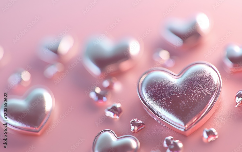 Obraz premium Silver hearts softly glowing on a gradient pink background