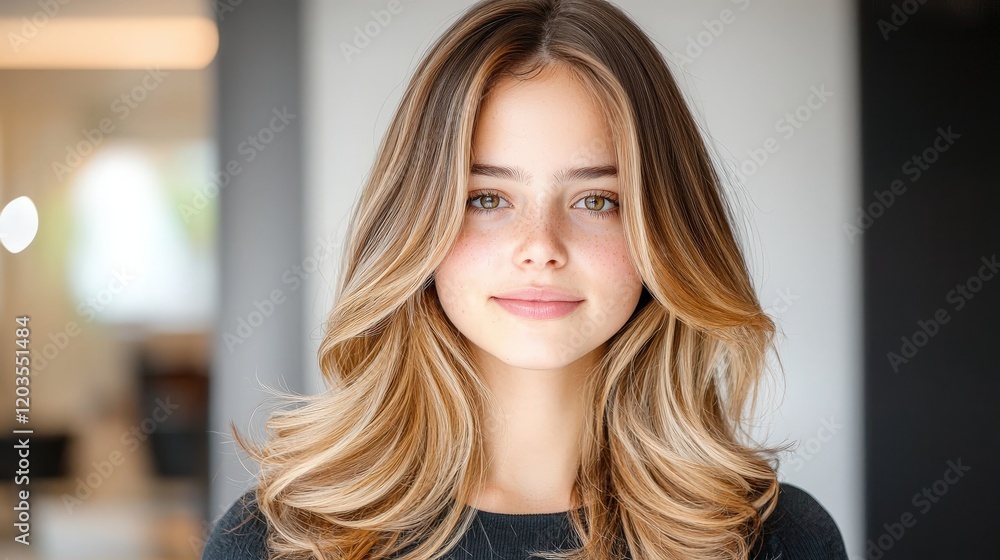 A woman with a stunning balayage effect hairstyle, featuring seamless blends of light and dark tones that create a natural, sun kissed look.
