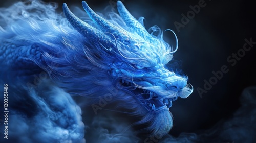 Majestic blue dragon emerging from smoke.