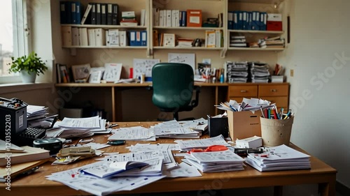 The interior of the office room is messy and dirty with scattered papers