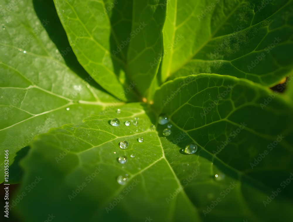 A close-up of a green leaf with water droplets in the sun, highlighting the intricate patterns and fresh appearance of the foliage. A close-up of a green leaf with water droplets in the sun, highlighting the intricate patterns and fresh appearance of the foliage.