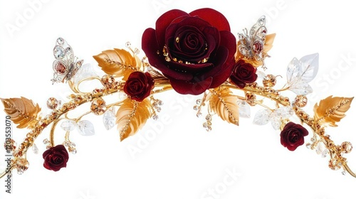 Deep red rose atop a gold and crystal stem, embellished with golden leaves, red roses, clear crystals, and framed by a shimmering arch and crystal butterfly. photo