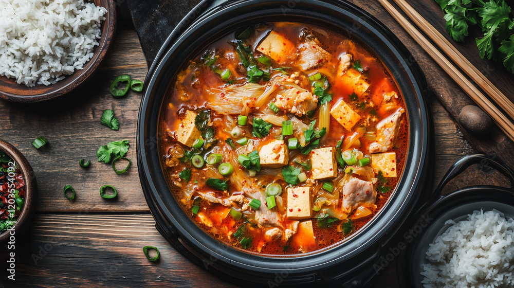 a bubbling pot of kimchi stew, filled with vibrant red broth, pieces of kimchi, tofu, green onions, and pork slices, served on a wooden table with a side of steamed rice and chopsticks a bubbling pot of kimchi stew, filled with vibrant red broth, pieces of kimchi, tofu, green onions, and pork slices, served on a wooden table with a side of steamed rice and chopsticks