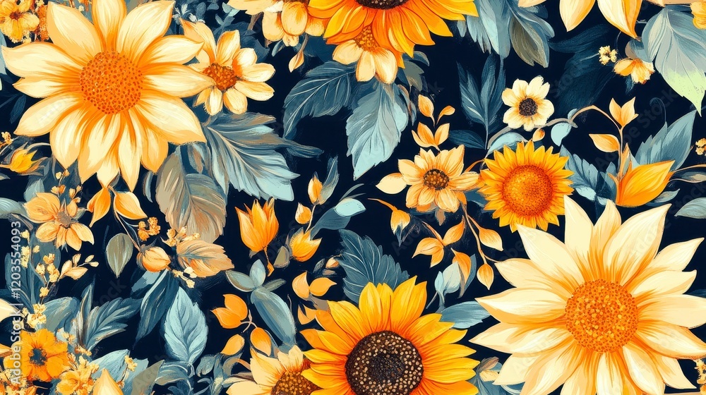 Mini yellow sunflowers create a vibrant, cheerful pattern, perfect for textiles, wallpapers, and home decor accents. Mini yellow sunflowers create a vibrant, cheerful pattern, perfect for textiles, wallpapers, and home decor accents.