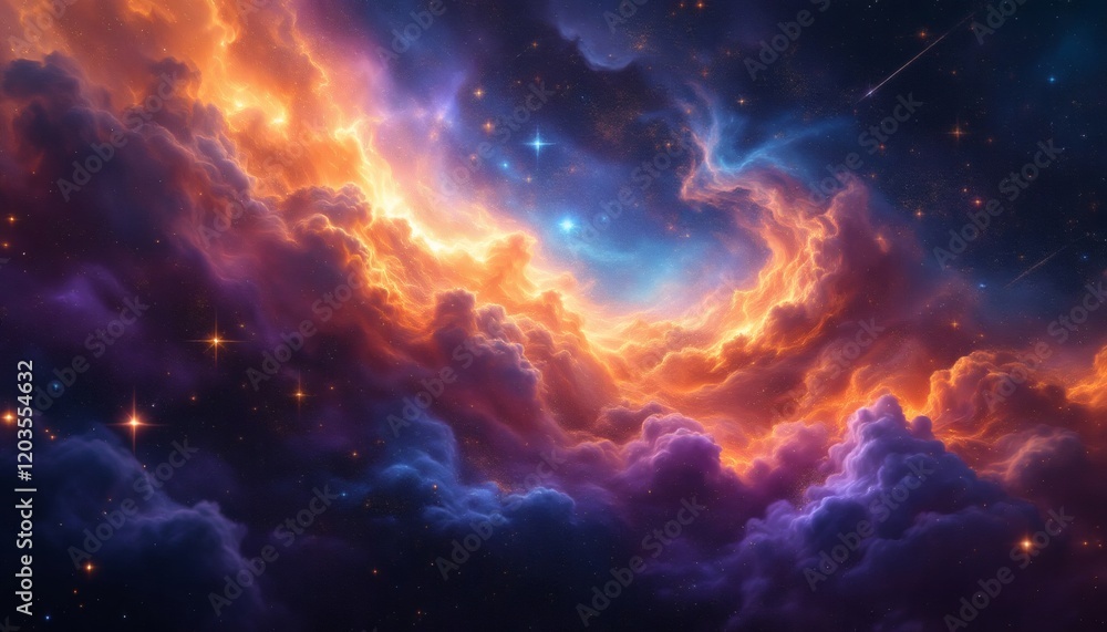 Fototapeta premium Celestial Nebula: A Cosmic Dreamscape of Fiery Hues and Starry Dust