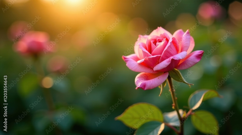 A single pink rose bathed in the warm glow of the setting sun, delicately poised amidst a soft-focus backdrop of other blooms, a serene and picturesque floral scene. A single pink rose bathed in the warm glow of the setting sun, delicately poised amidst a soft-focus backdrop of other blooms, a serene and picturesque floral scene.