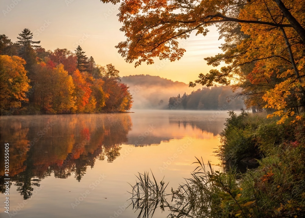 Obraz premium Autumn Lake Reflections: Serene Long Exposure Photography