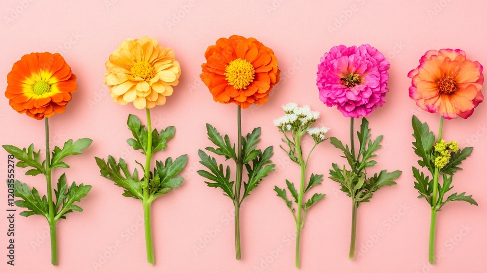 Fototapeta premium Vibrant Flower Arrangement- Colorful Blooms on Pink Background