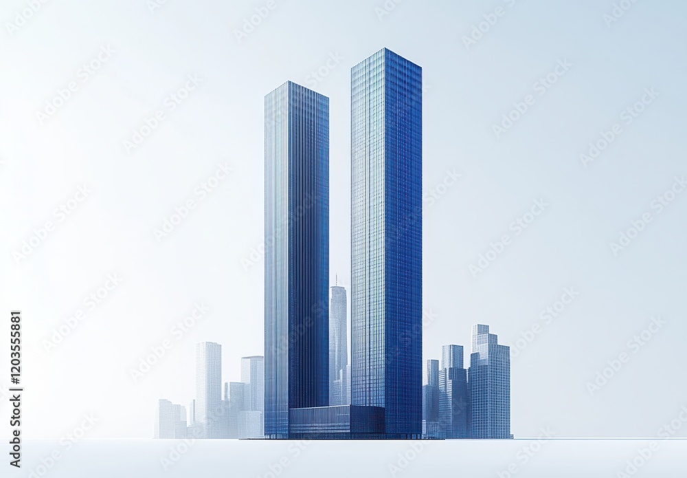 Modern architectural design featuring twin skyscrapers surrounded by a minimalistic skyline, showcasing sleek lines and contemporary aesthetics in a cityscape environment. Modern architectural design featuring twin skyscrapers surrounded by a minimalistic skyline, showcasing sleek lines and contemporary aesthetics in a cityscape environment.