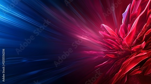 The image contains an abstract composition of vibrant blue and red colors.  The left side features streaks of deep blue, while the right is dominated by a dynamic, crystalline red structure that rese photo