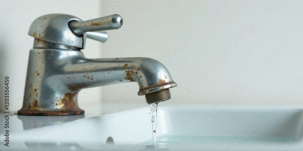A rusty faucet drips water into a pristine sink, a subtle contrast between decay and cleanliness. A rusty faucet drips water into a pristine sink, a subtle contrast between decay and cleanliness.