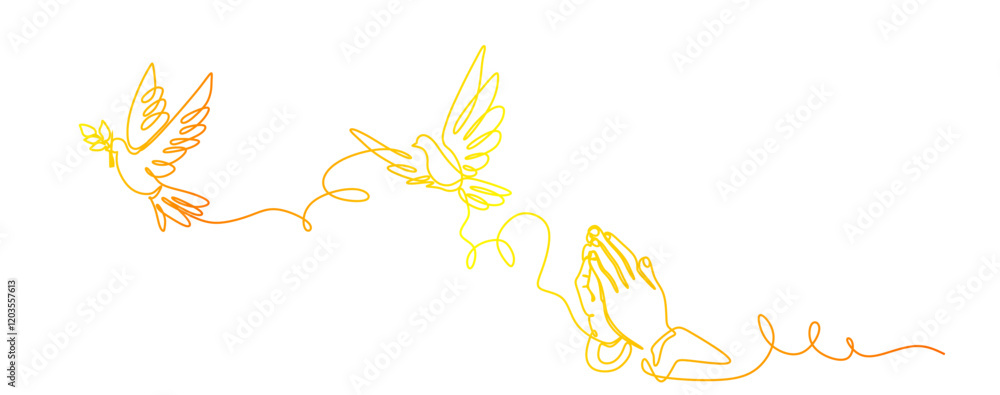 Line art of praying religious hands and flying doves. for peace and gratitude. Line art of praying religious hands and flying doves. for peace and gratitude.