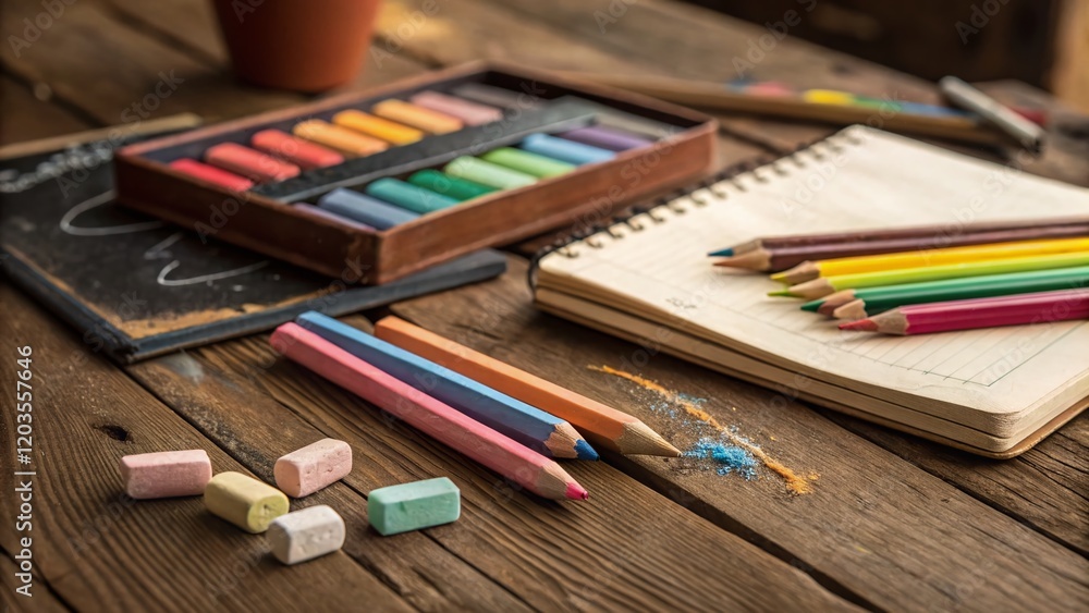 Back to School: Colorful Pencils & Chalk with School Supplies on Wooden Table Back to School: Colorful Pencils & Chalk with School Supplies on Wooden Table