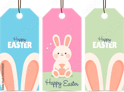 Happy Easter Tags. Cute Easter Bunny. Vector Illustration.