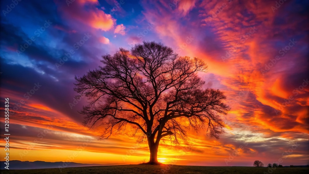 Obraz premium Bare Winter Tree Silhouette Against Vibrant Sunset Sky - Stunning Nature Photography