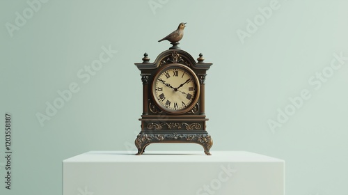 A vintage cuckoo clock miniature styled as a watch, lying flat on a smooth white platform.