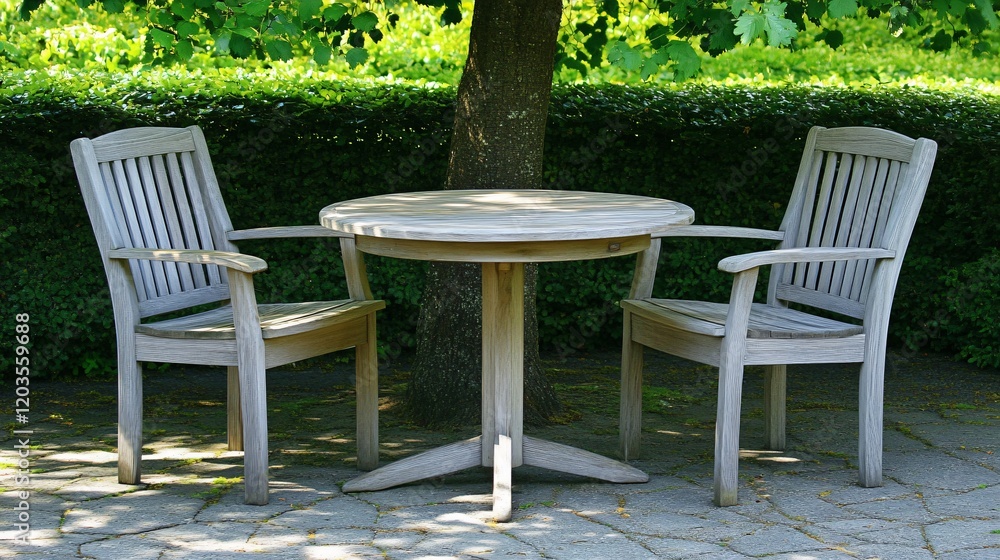 Serene Garden Patio Scene, Wooden Table and Chairs Under Tree Serene Garden Patio Scene, Wooden Table and Chairs Under Tree
