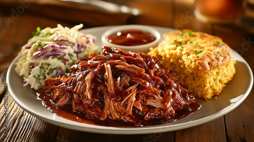 a plate of juicy pulled pork, shredded and coated in smoky barbecue sauce, served with a side of coleslaw and cornbread on a rustic wooden table, with warm natural light highlighting the textures