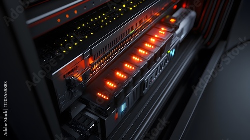 Plakat 47. A server rack with glowing lights and high-performance components, symbolizing powerful web hosting