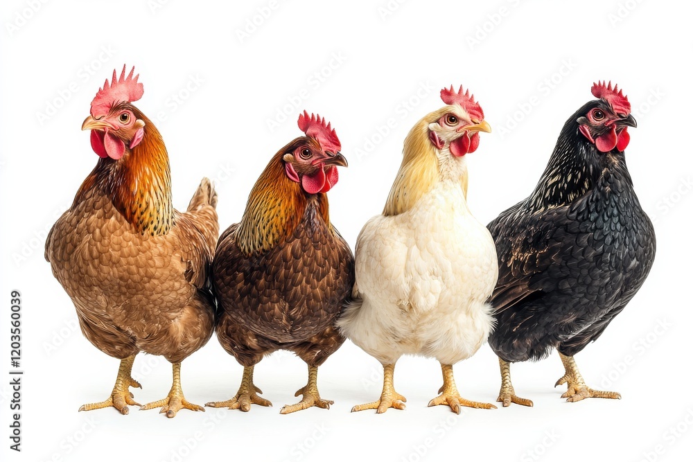 Four hens in a row, showing off their colorful feathers. Four hens in a row, showing off their colorful feathers.