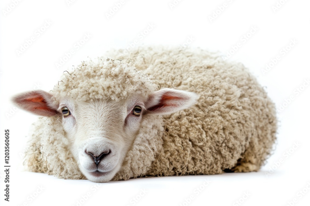Naklejka premium Fluffy sheep resting on white background