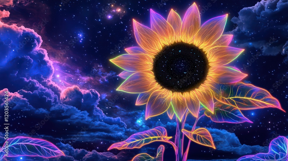 Obraz premium Luminous sunflower structure against a deep indigo nebula backdrop provides unique visuals for spiritual or technological marketing headers.