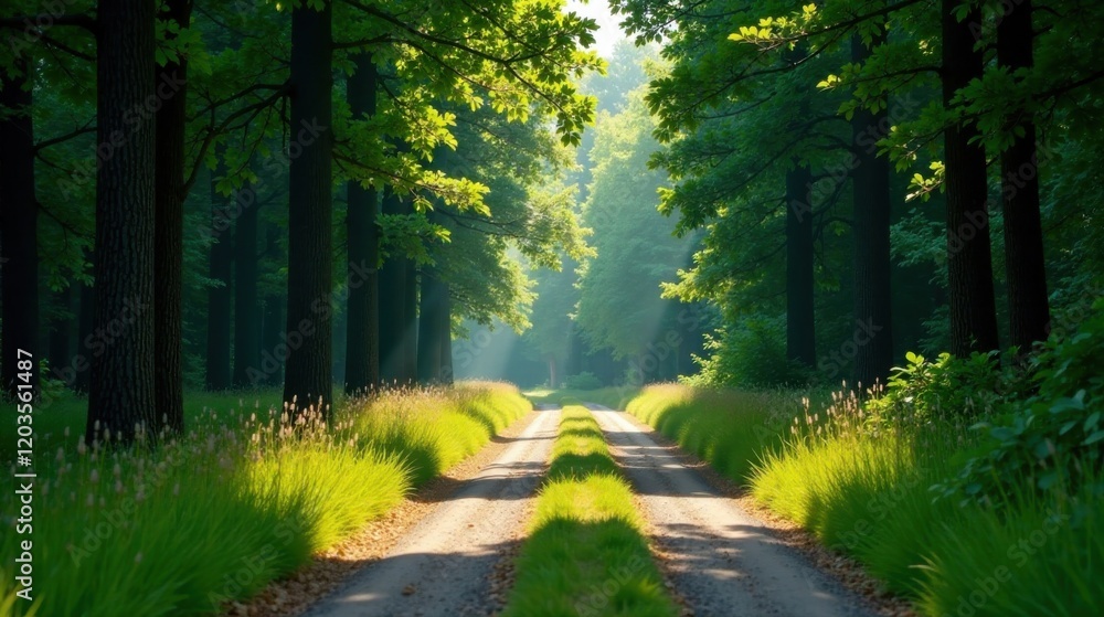 Fototapeta premium Sunlit Path Through a Verdant Forest Canopy, a Serene and Tranquil Nature Scene Ideal for Relaxation and Peaceful Contemplation