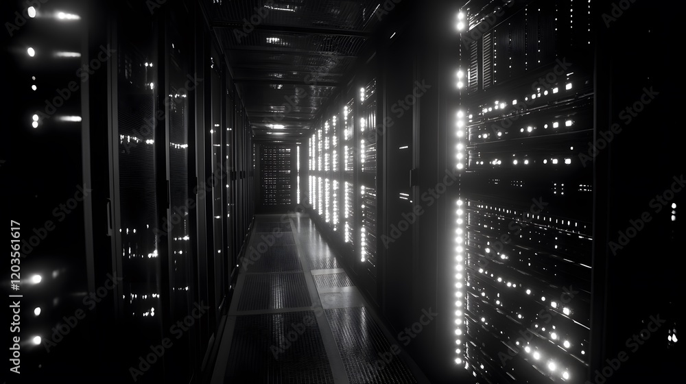 Fototapeta premium 53. A glowing server farm with smooth data flow between racks, symbolizing an efficient web hosting environment