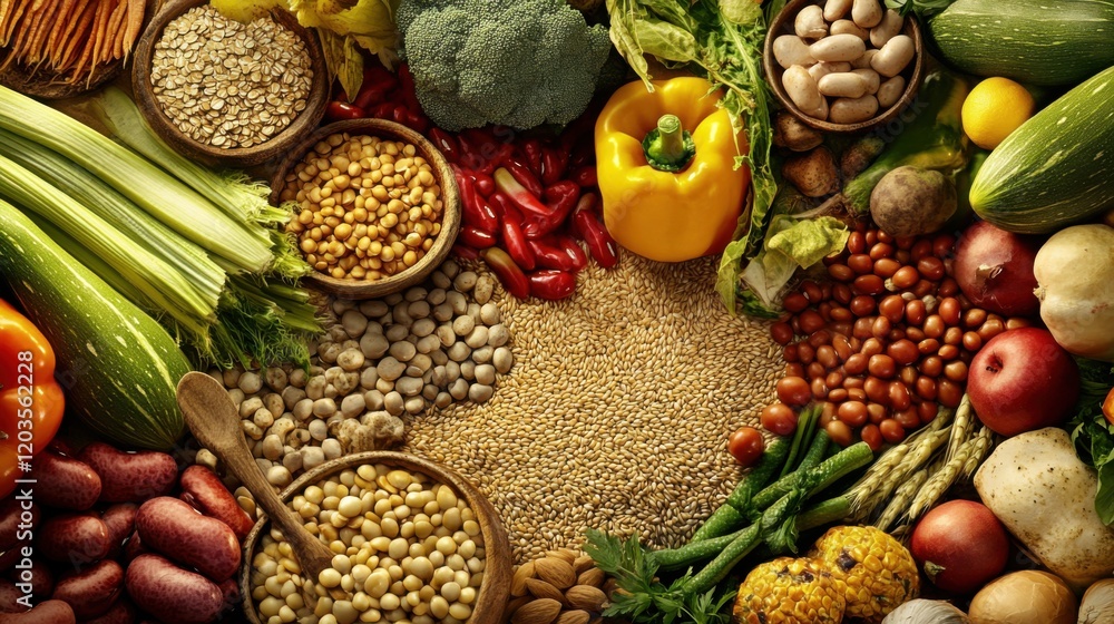 A detailed look at a balanced high-fiber diet, featuring whole grains, vegetables A detailed look at a balanced high-fiber diet, featuring whole grains, vegetables