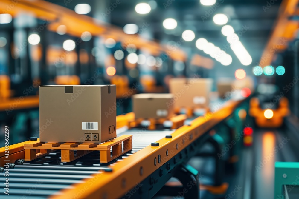 Packages Moving on Conveyor Belts in a Bright Warehouse Packages Moving on Conveyor Belts in a Bright Warehouse