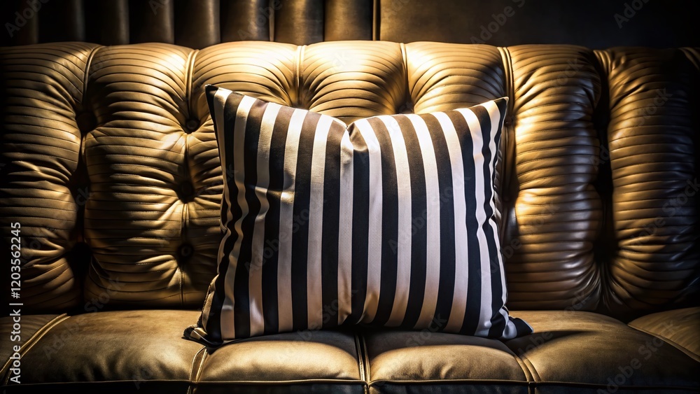 Fototapeta premium Black and White Striped Pillow on Dark Couch - Warm Lighting, Surreal Photography
