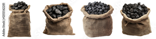 Collection set of burlap sack filled with coal isolated on a transparent background photo