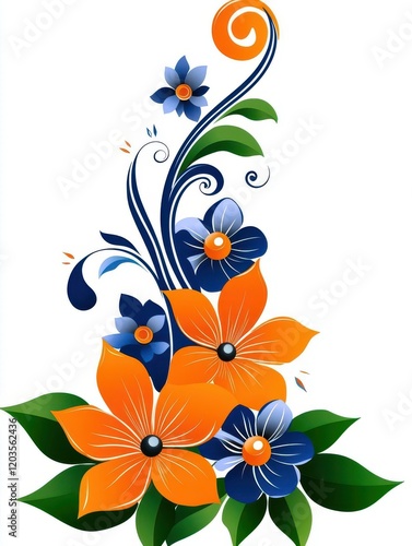 Colorful floral design with vibrant orange and blue flowers on a white background.