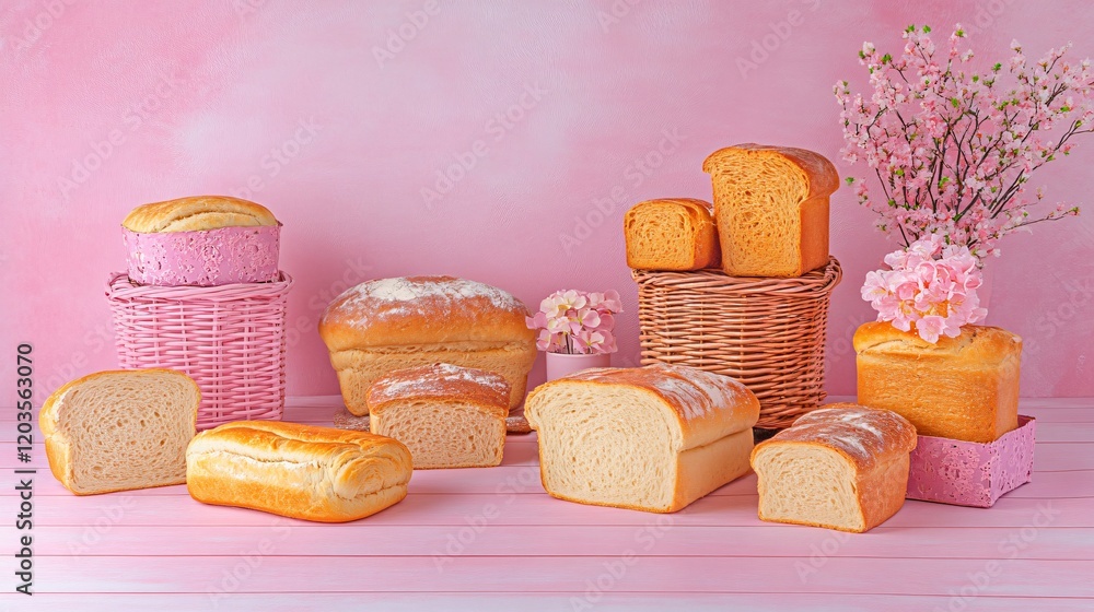 Assorted Artisan Breads Pink Background Still Life Assorted Artisan Breads Pink Background Still Life