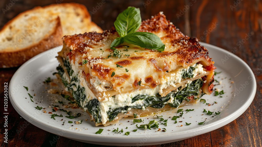 a slice of spinach lasagna, with layers of creamy ricotta, vibrant spinach, gooey melted mozzarella, and golden crispy edges, on a white plate with a garnish of fresh basil and a side of garlic bread a slice of spinach lasagna, with layers of creamy ricotta, vibrant spinach, gooey melted mozzarella, and golden crispy edges, on a white plate with a garnish of fresh basil and a side of garlic bread