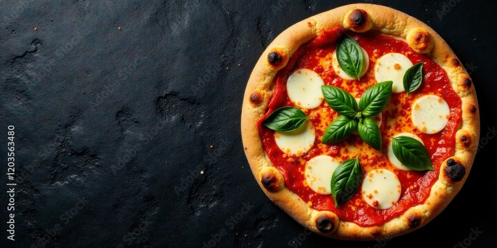 Aromatic Pizza with Fresh Basil and Melted Cheese on Dark Background Aromatic Pizza with Fresh Basil and Melted Cheese on Dark Background