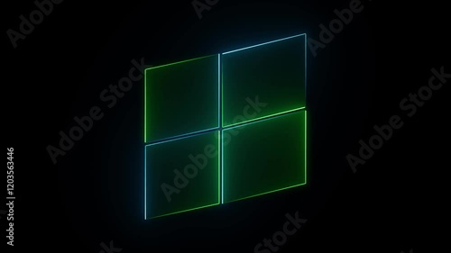 Abstract neon glowing windows icon with black background animation.