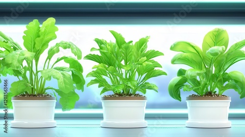 Three vibrant green plants in pots on a windowsill. photo